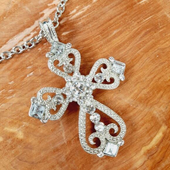 Pave Style Cross Necklace w/Rhinestones & Hearts - Picture 2 of 5